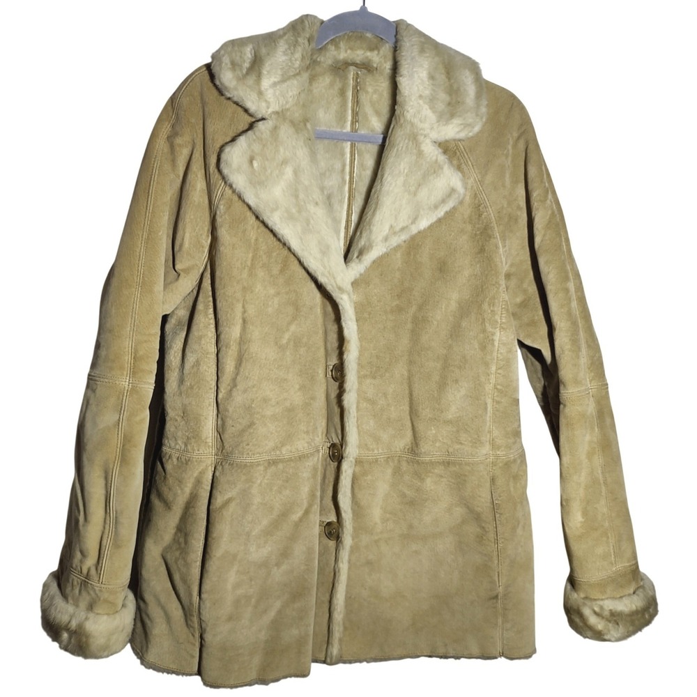 London Fog Suede Shearling Lined Button Front Coat Tan Women's Size L
